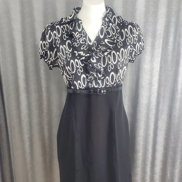 Voir Voir Print Top Black Dress with Belt Size 8 Ruffled Neck Side Zip - Picture 3 of 14